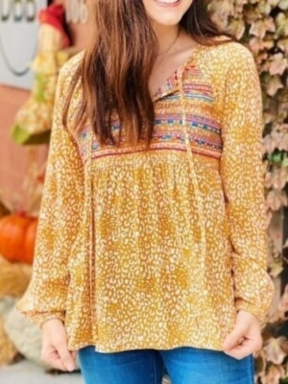 Savanna Jane Mustard Yellow Boho Peasant Blouse Embroidered Yoke Size M